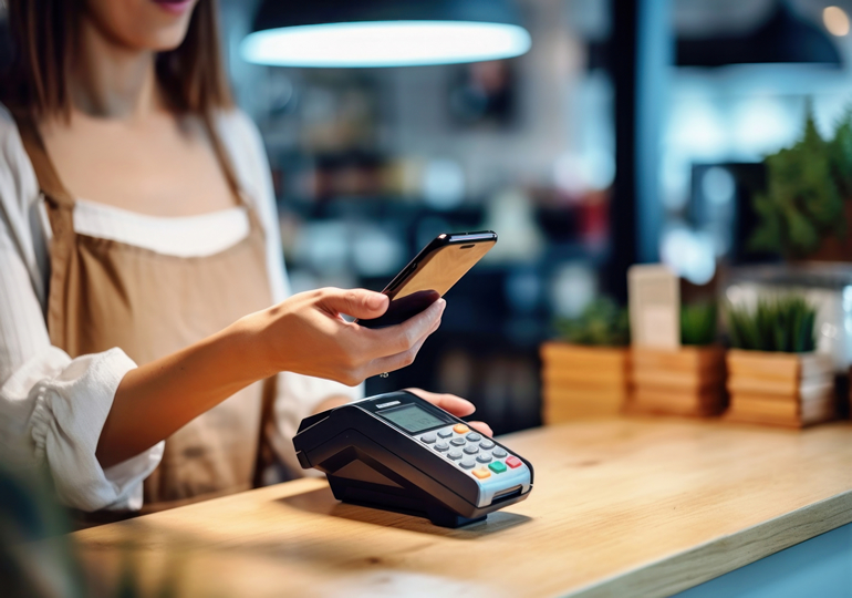 飲食店でキャッシュレス決済する女性