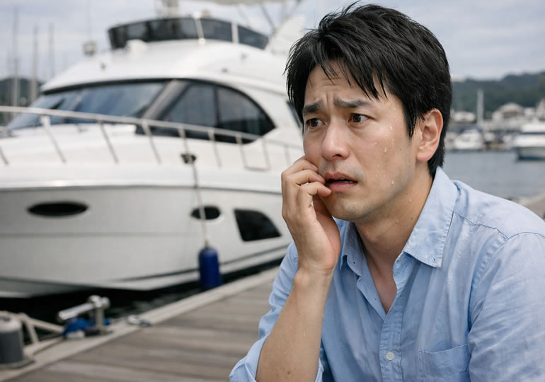 船酔いが心配で不安な顔をしている男性