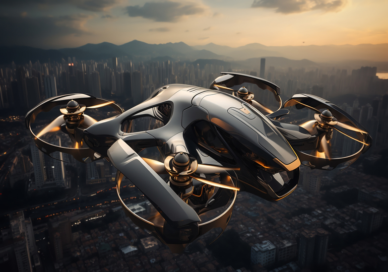 都心部の上空を飛行するドローン