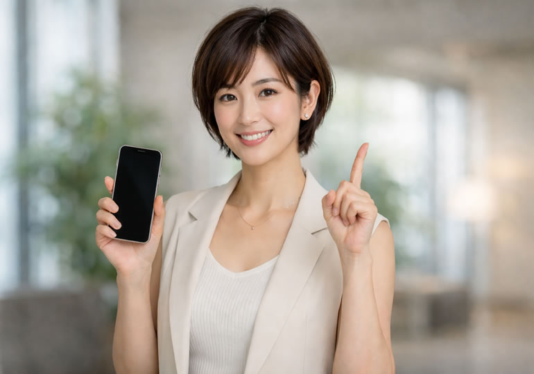 スマートフォンを持つ微笑む女性