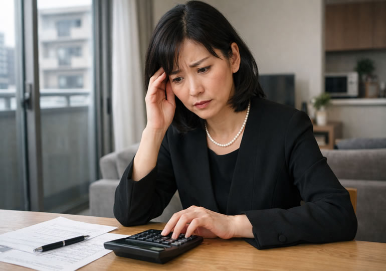 葬儀費用を計算している女性
