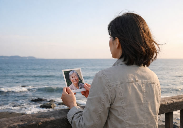 海で故人の写真を見つめている女性