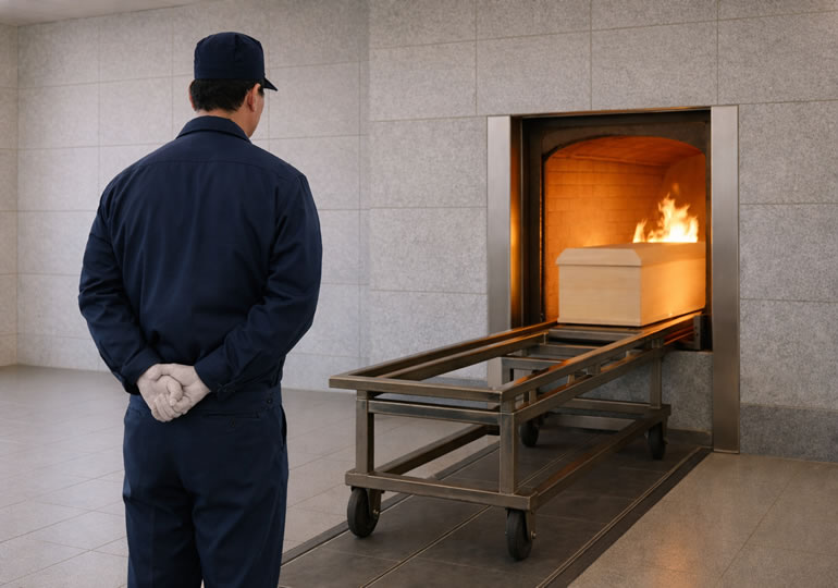 火葬炉に入る棺桶を見つめる火葬場職員