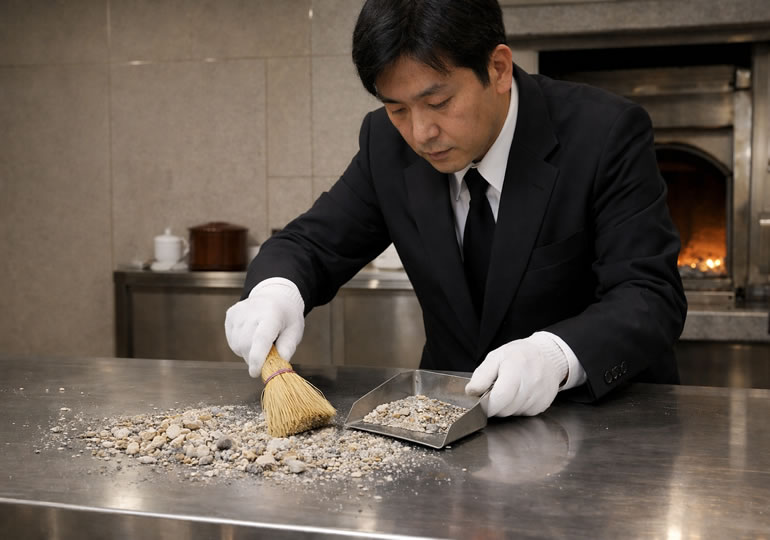 残骨灰を集めている火葬場職員