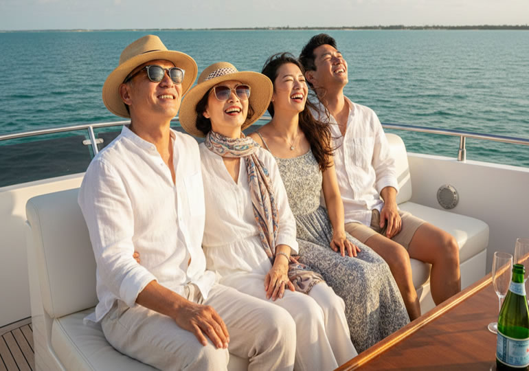 風を感じながらクルージングを楽しんでいる親族