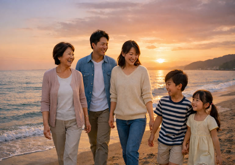 海洋散骨した海の浜辺を散歩している家族