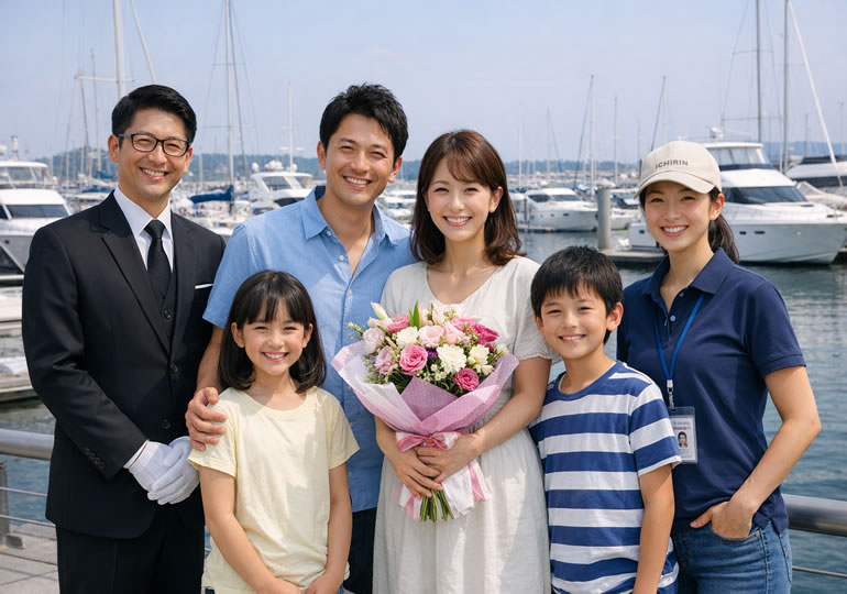 出航前に散骨業者を記念撮影している家族