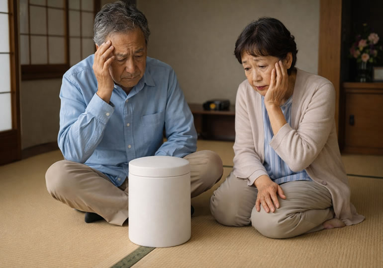 和室に置かれた骨壺を見て悩む高齢夫婦