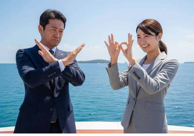 丸とバツを示す人物
