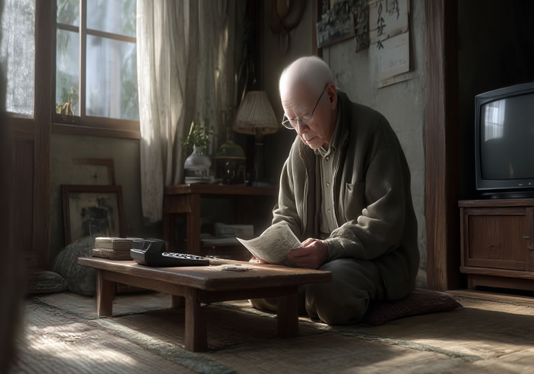 一人暮らしの部屋で新聞を読む高齢男性