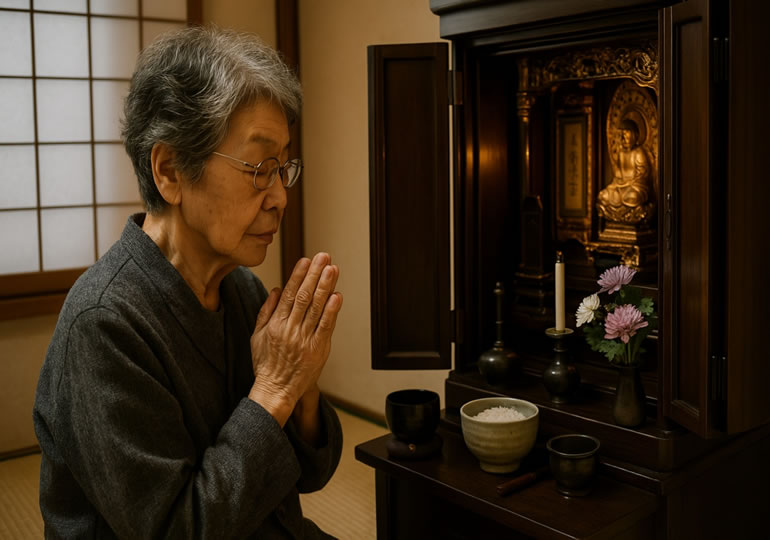 仏壇を拝む高齢女性