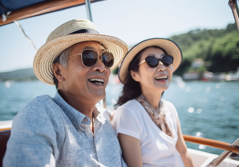 散骨船の船上で海を眺める夫婦