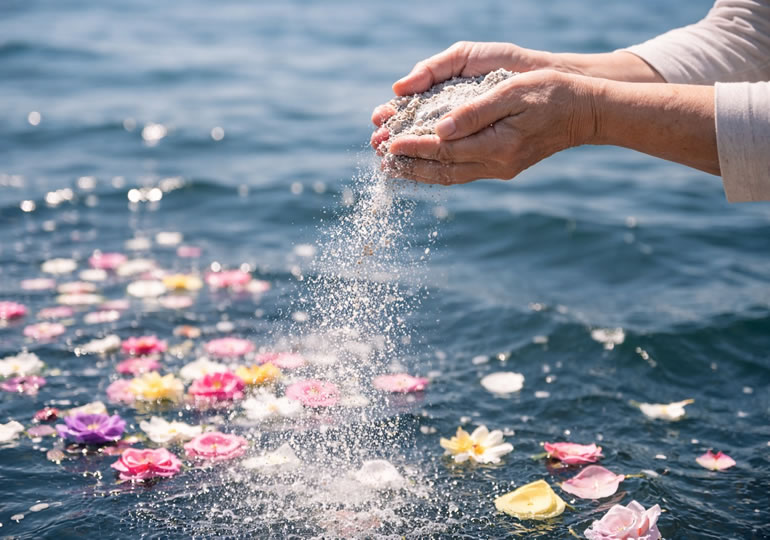 海面に広がる花びらにパウダーに遺骨を撒く手元