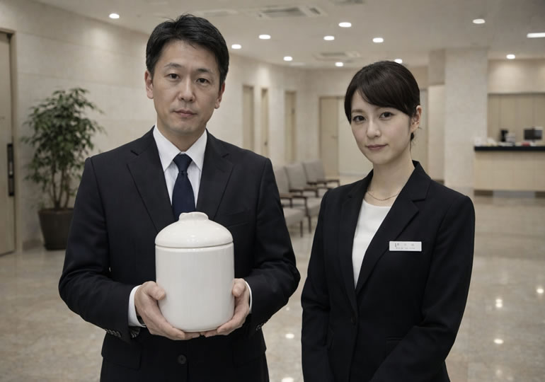 委託火葬の遺骨を預かる葬儀社の男性