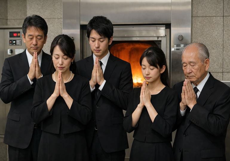 火葬炉の前で手を合わせて合掌している親族