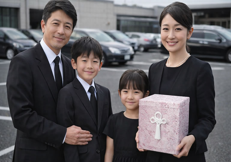 火葬後の骨壺を持っている家族