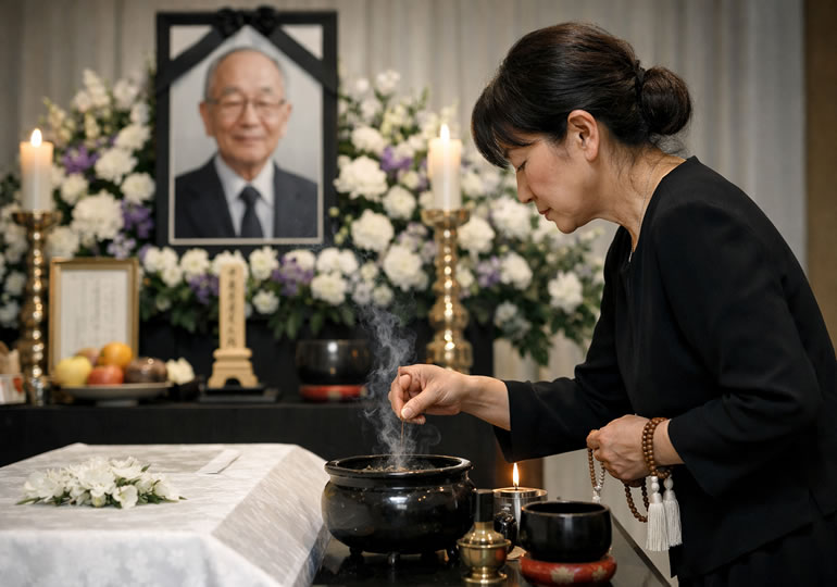 葬式でお焼香をしている女性