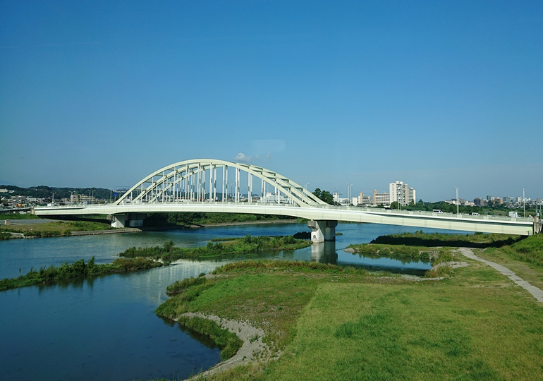 東京都狛江市を流れる多摩川と河川敷の風景